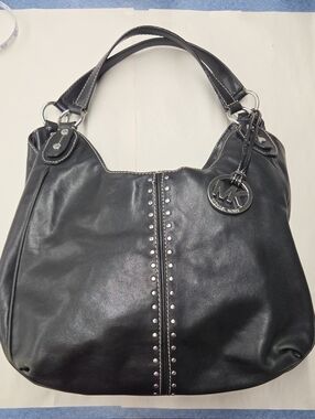 Michael Kors Black Leather Shoulder Bag with MK Charm and Stud Accents